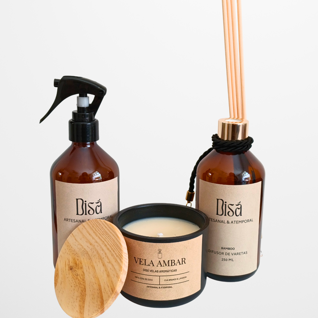 Kit Âmbar Trio – Água Aromática + Difusor de Varetas + Vela Aromática