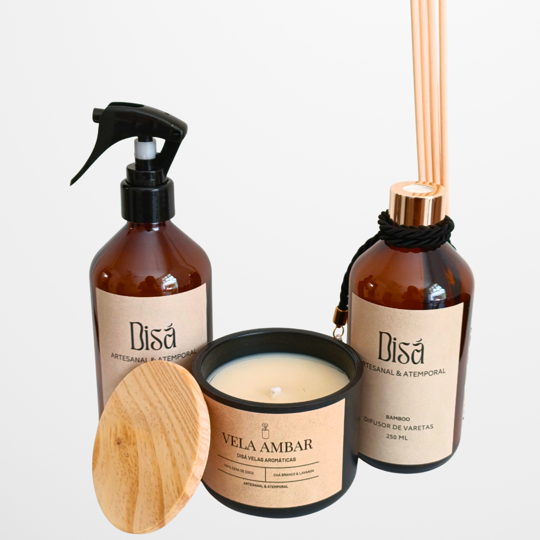 Kit Âmbar Trio – Água Aromática + Difusor de Varetas + Vela Aromática