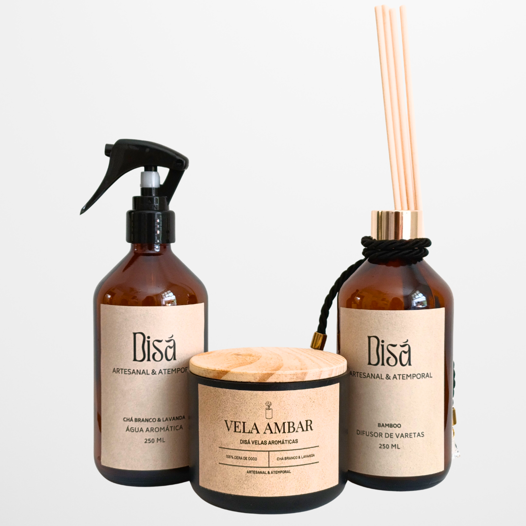 Kit Âmbar Trio – Água Aromática + Difusor de Varetas + Vela Aromática