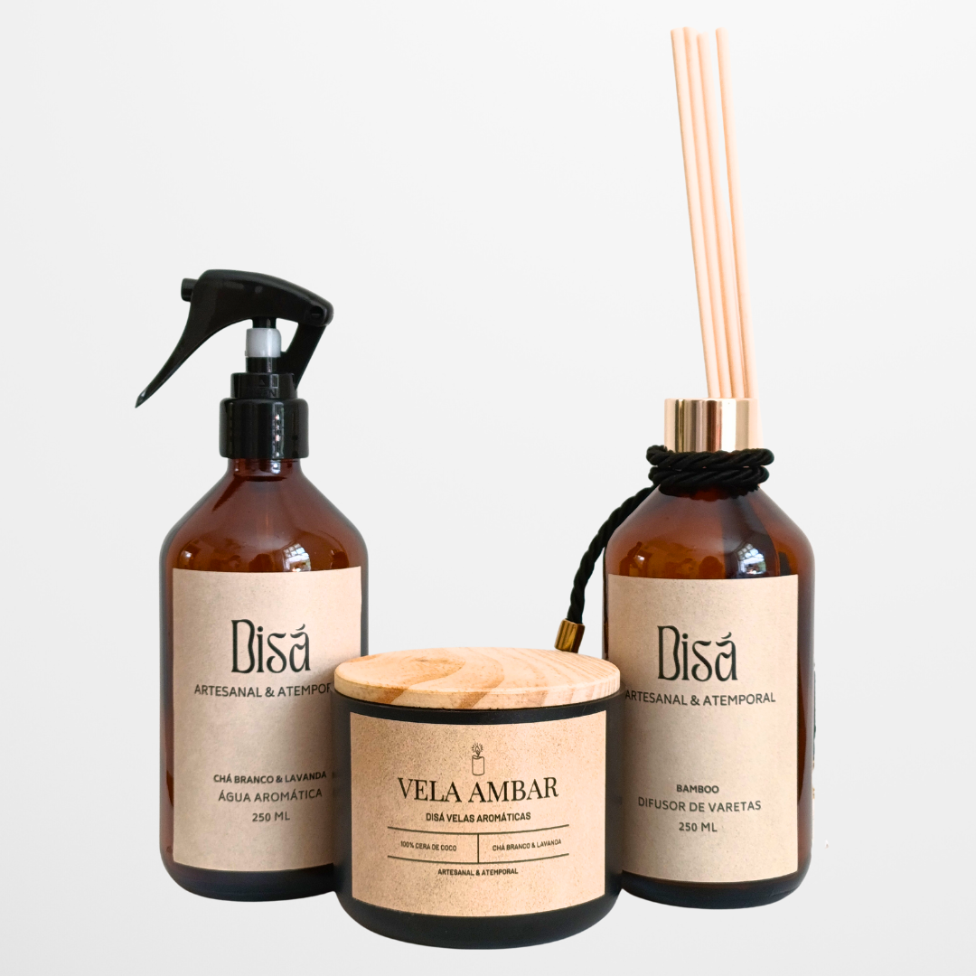 Kit Âmbar Trio – Água Aromática + Difusor de Varetas + Vela Aromática