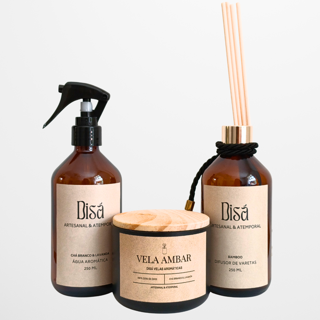 Kit Âmbar Trio – Água Aromática + Difusor de Varetas + Vela Aromática