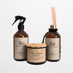 Kit Âmbar Trio – Água Aromática + Difusor de Varetas + Vela Aromática