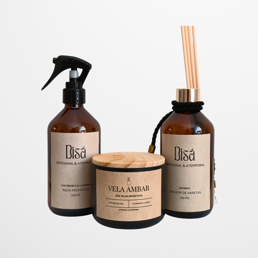 Kit Âmbar Trio – Água Aromática + Difusor de Varetas + Vela Aromática