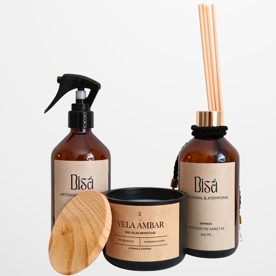 Kit Âmbar Trio – Água Aromática + Difusor de Varetas + Vela Aromática